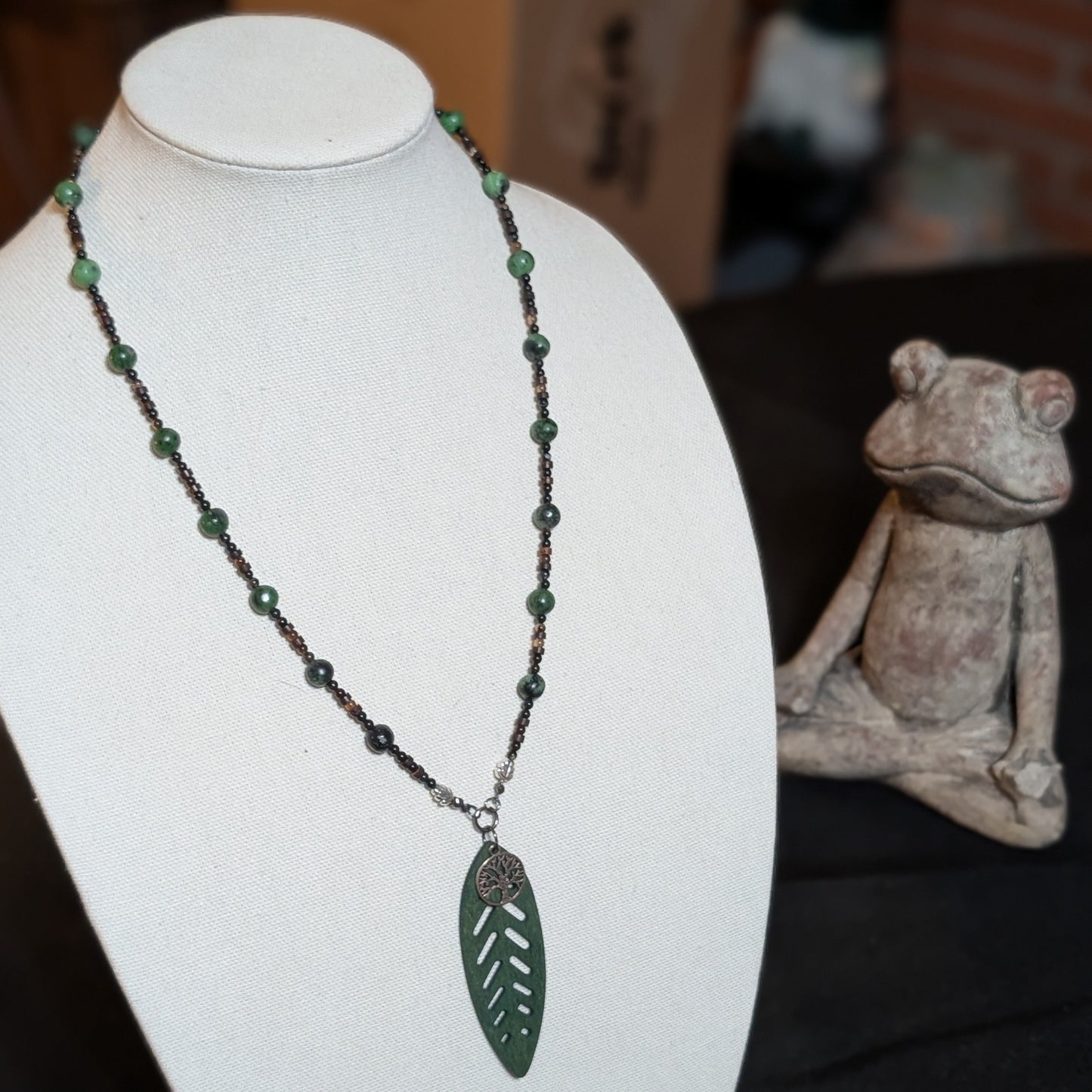 ✨The Vineroot Leaf✨| Ruby Zoisite, Sardonyx, & Wood Necklace with Leaf Pendant