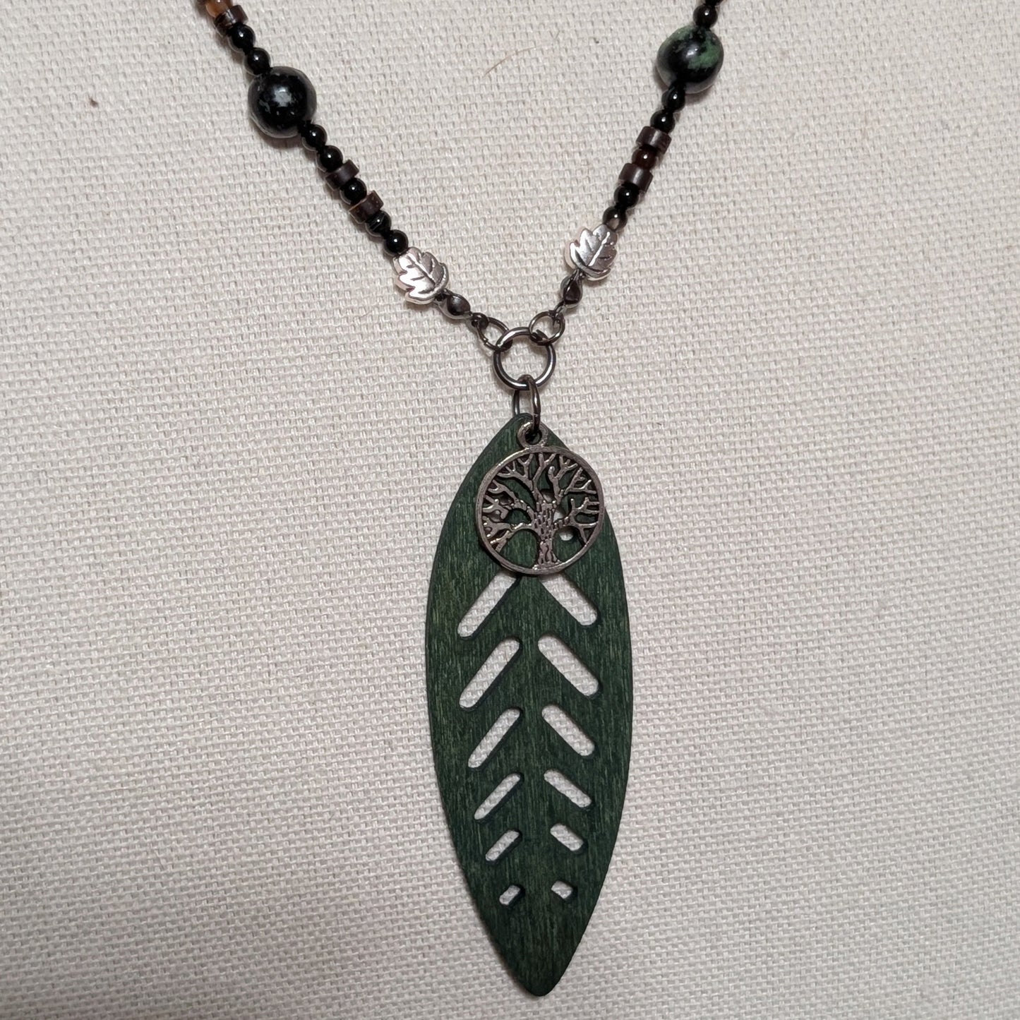 ✨The Vineroot Leaf✨| Ruby Zoisite, Sardonyx, & Wood Necklace with Leaf Pendant