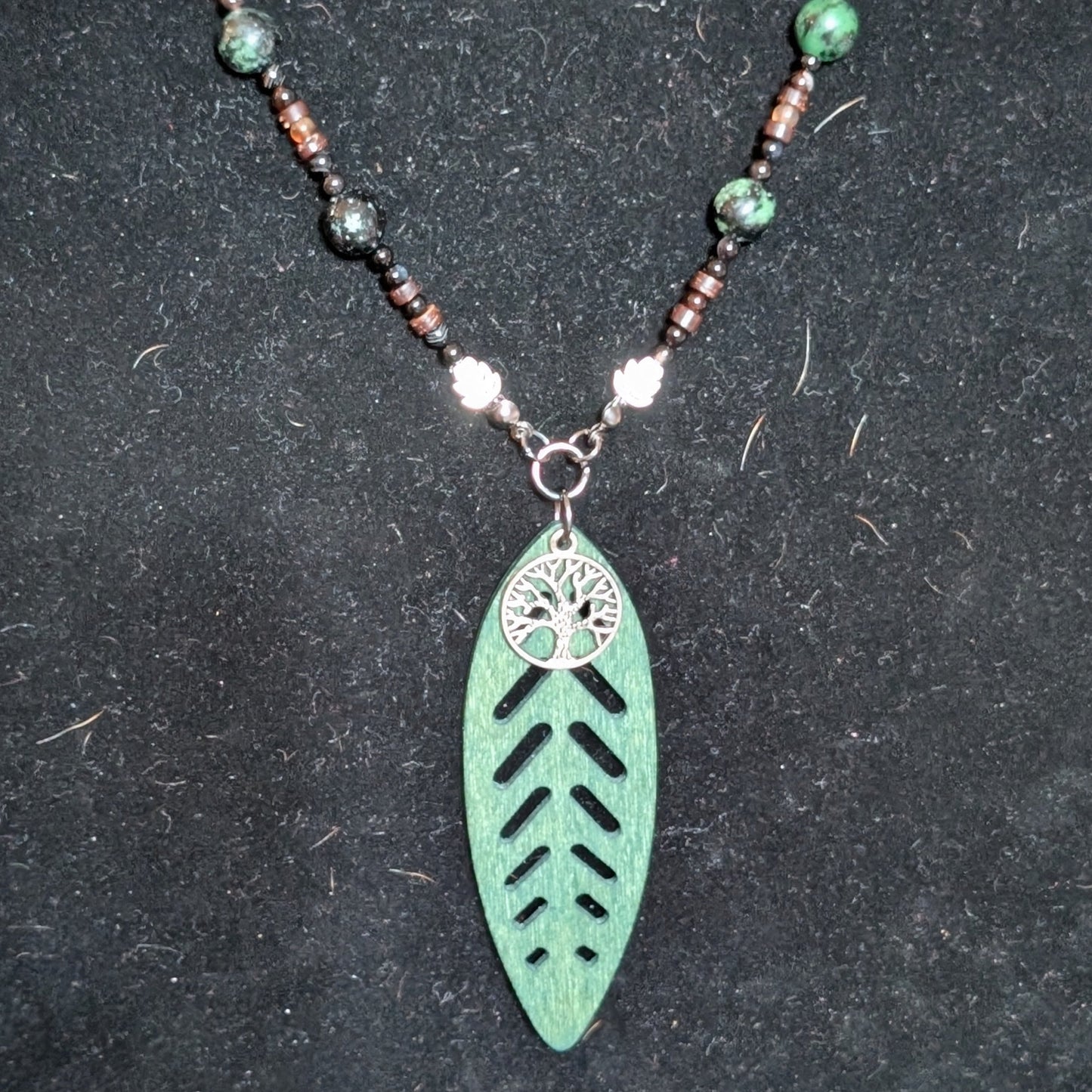 ✨The Vineroot Leaf✨| Ruby Zoisite, Sardonyx, & Wood Necklace with Leaf Pendant