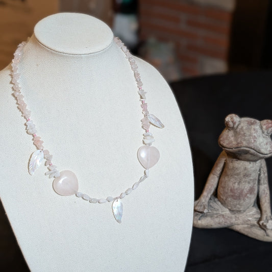✨Amorcrest✨| Rose Quartz & Rainbow Moonstone Necklace with Shell Wings