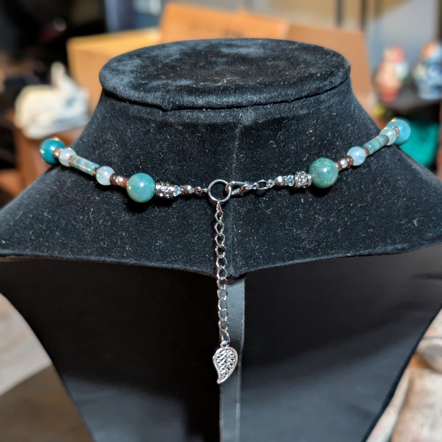 ✨Mossleaf Glen✨| Moss Agate & Wood Necklace with 3D Metal Filigree Leaf Pendant
