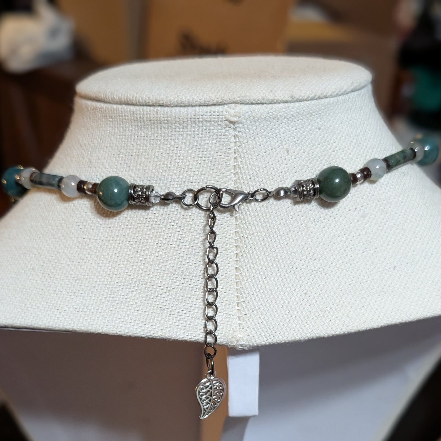 ✨Mossleaf Glen✨| Moss Agate & Wood Necklace with 3D Metal Filigree Leaf Pendant