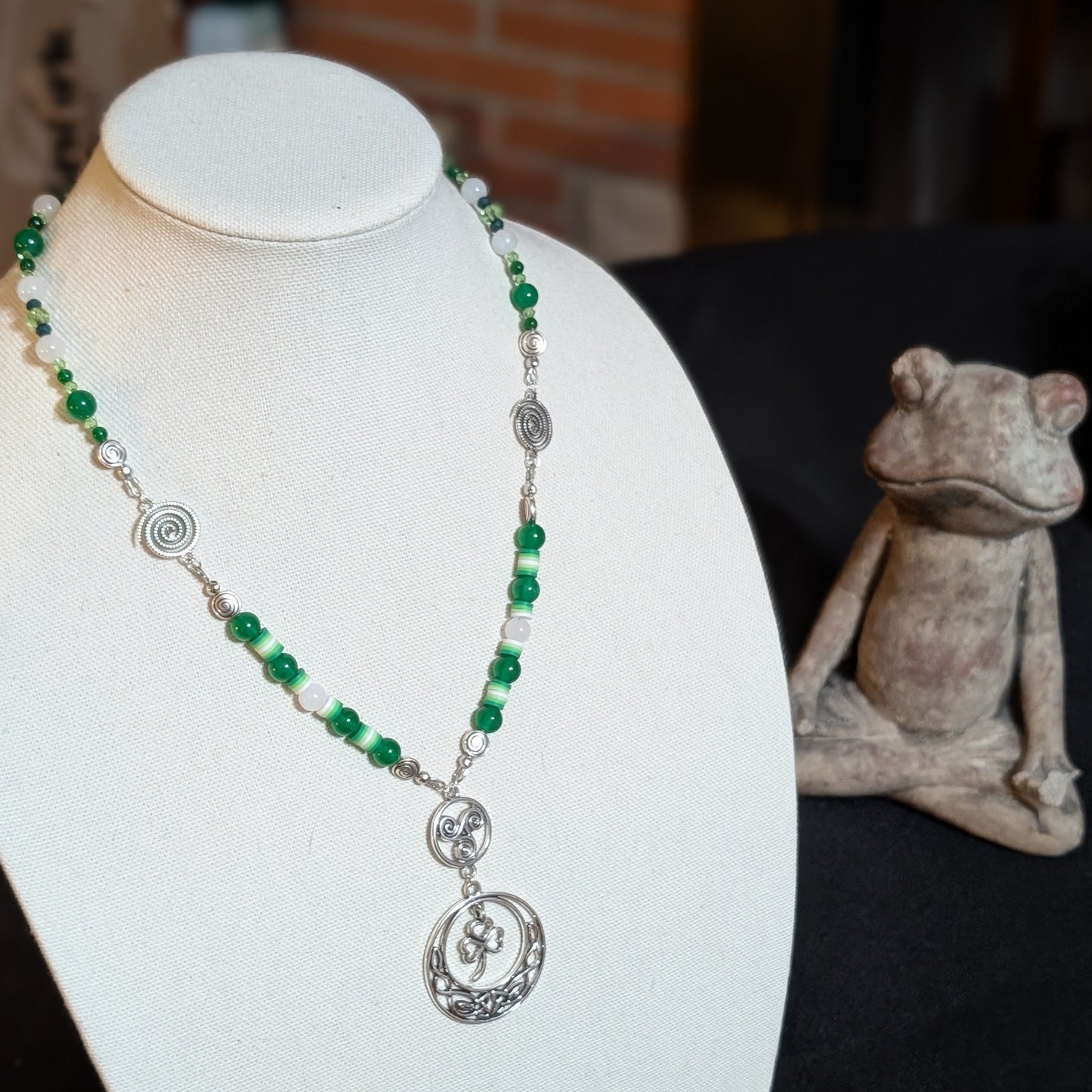 ✨Glyphglen✨| Green & White Jade Shamrock Necklace with Spiral Accents