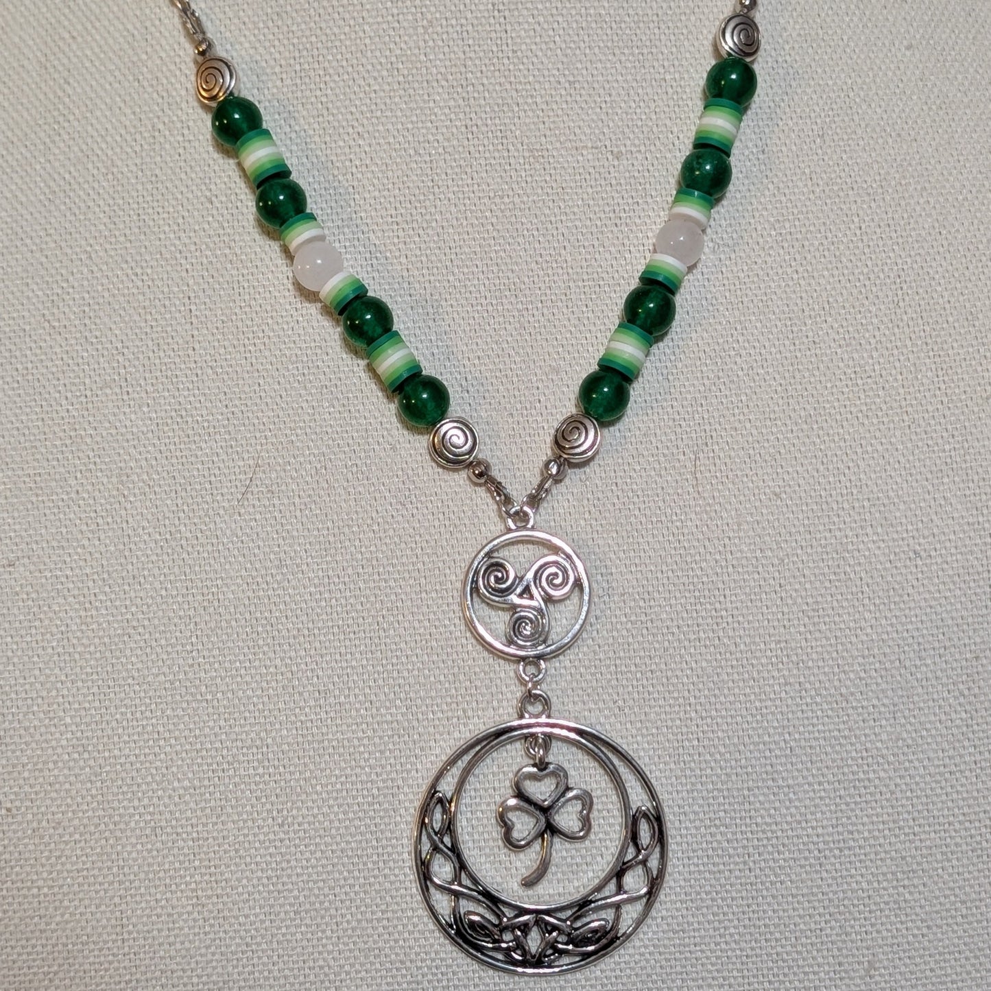 ✨Glyphglen✨| Green & White Jade Shamrock Necklace with Spiral Accents