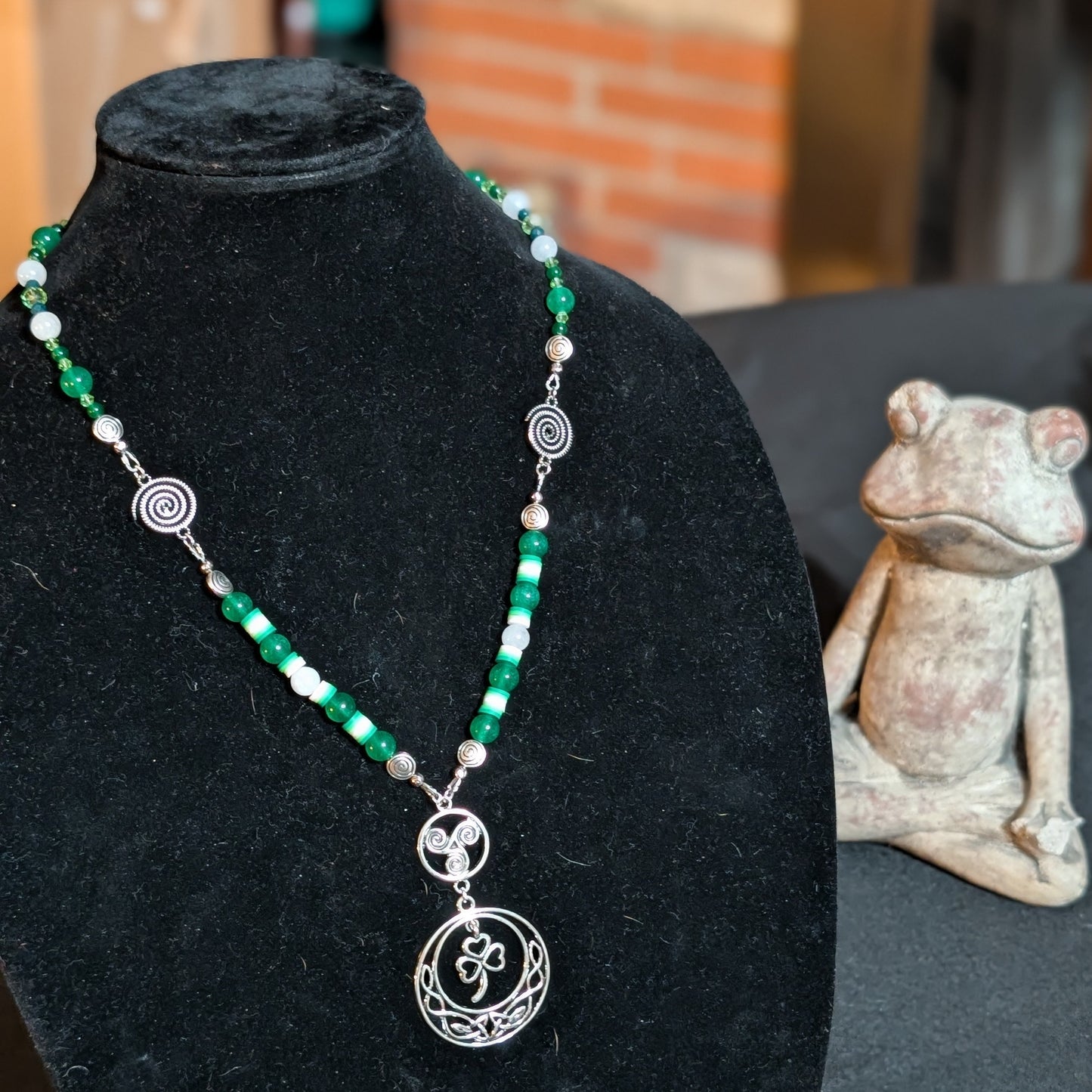 ✨Glyphglen✨| Green & White Jade Shamrock Necklace with Spiral Accents