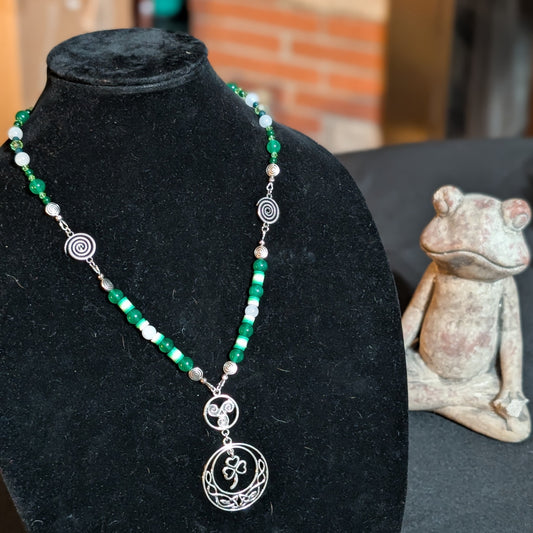 ✨Glyphglen✨| Green & White Jade Shamrock Necklace with Spiral Accents