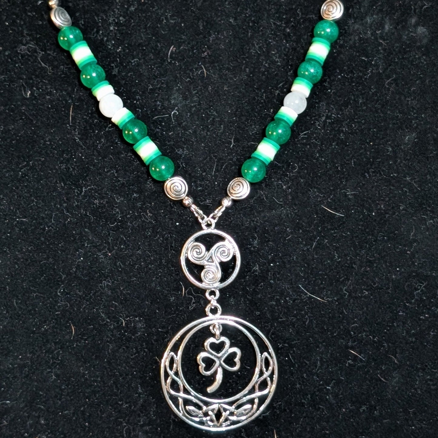 ✨Glyphglen✨| Green & White Jade Shamrock Necklace with Spiral Accents