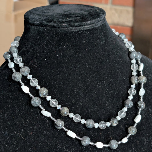 ✨Moonlace✨| Larvikite, Rainbow Moonstone & Clear Quartz Double Strand Necklace