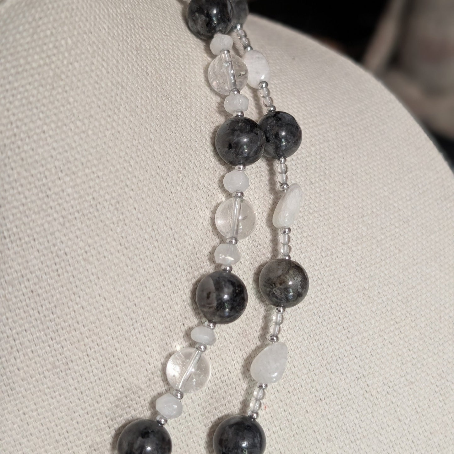 ✨Moonlace✨| Larvikite, Rainbow Moonstone & Clear Quartz Double Strand Necklace