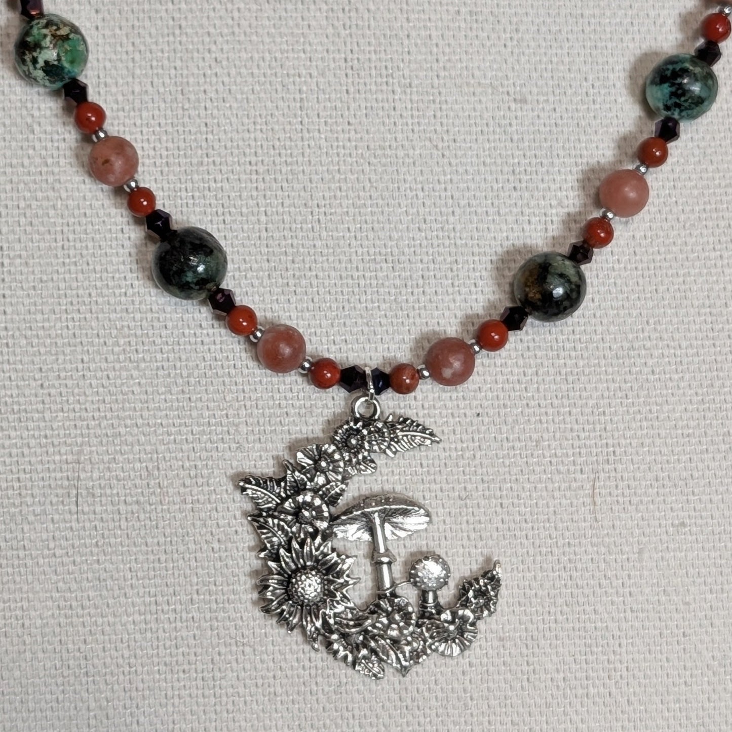 ✨Rising Moonblossom✨| Fae Crescent Moon Pendant Necklace With Red Jasper & African Turquoise