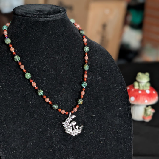 ✨Rising Moonblossom✨| Fae Crescent Moon Pendant Necklace With Red Jasper, African Turquoise, & Toggle Clasp
