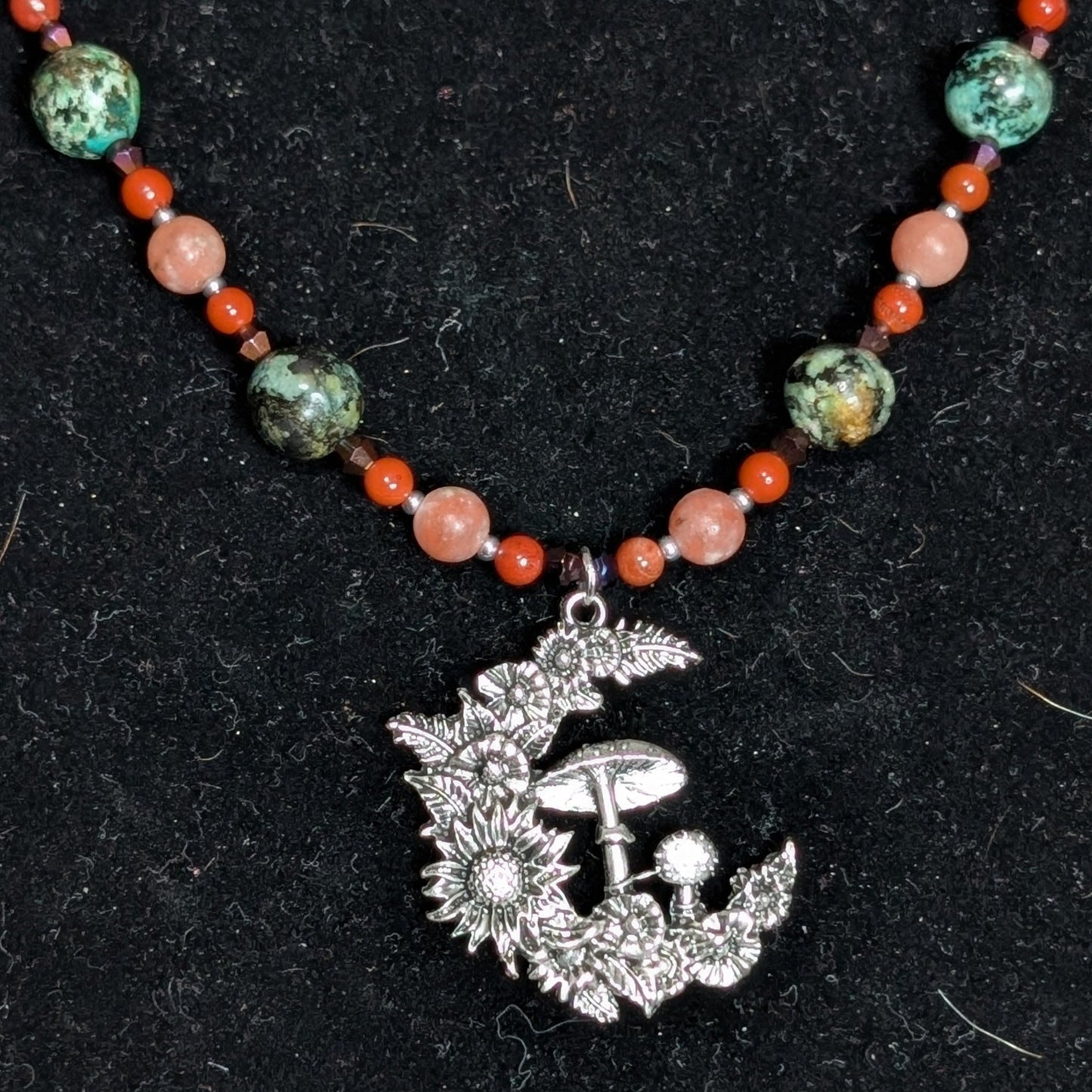 ✨Rising Moonblossom✨| Fae Crescent Moon Pendant Necklace With Red Jasper & African Turquoise