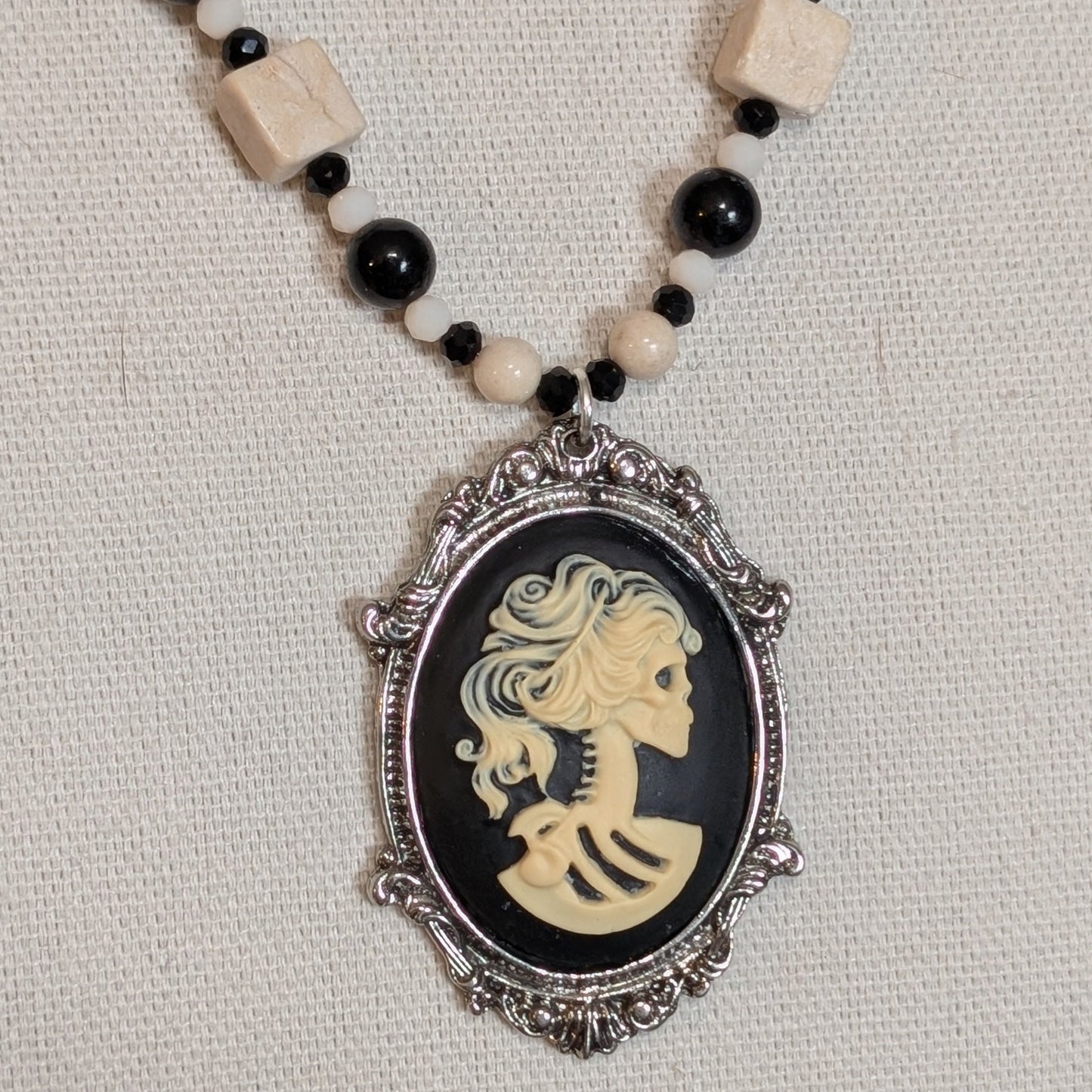 ✨Lady Lacebone✨| Black Tourmaline & White River Stone Skeleton Cameo Necklace