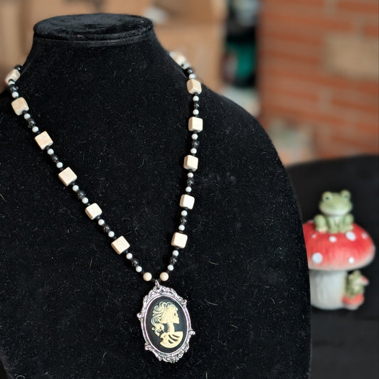 ✨Lady Lacebone✨| Black Tourmaline & White River Stone Skeleton Cameo Necklace