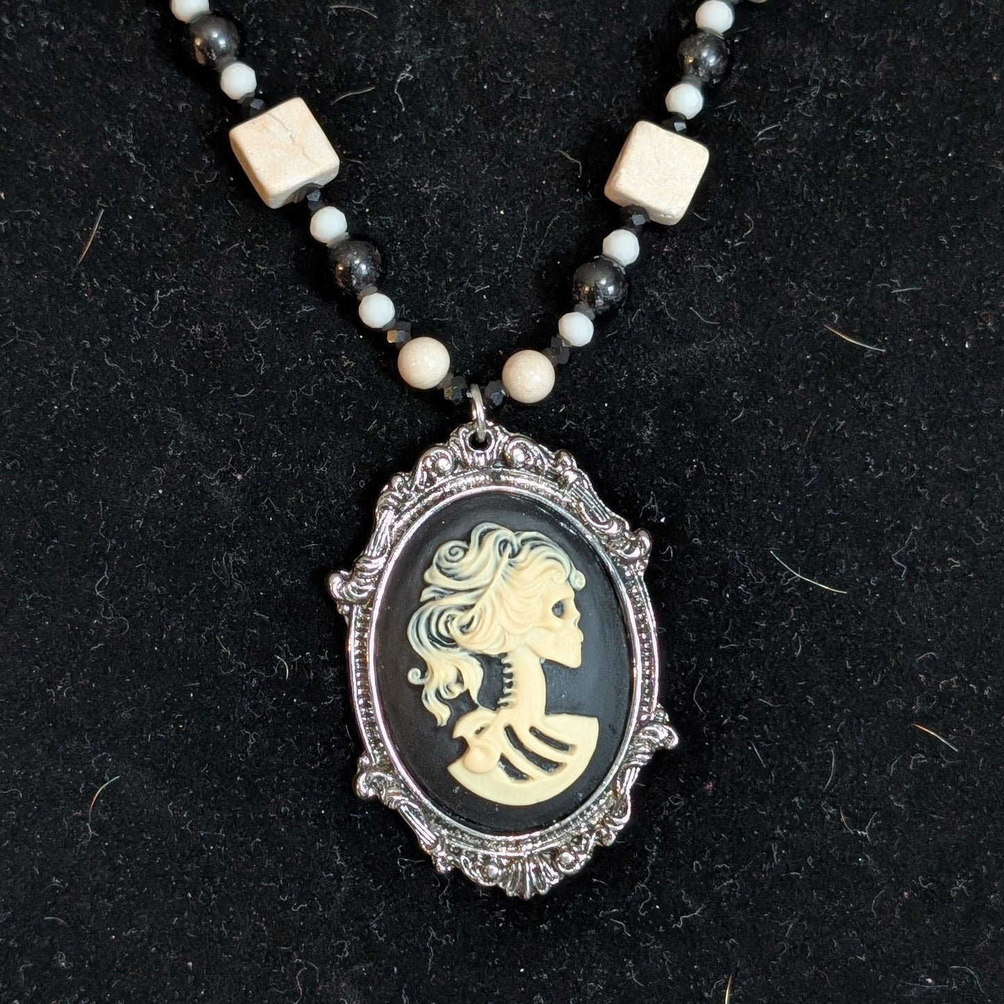 ✨Lady Lacebone✨| Black Tourmaline & White River Stone Skeleton Cameo Necklace