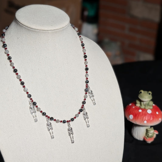 ✨Grave Waltz✨| Skeleton Necklace with Indigo Gabbro (Merlinite) and Silver Gray Moonstone