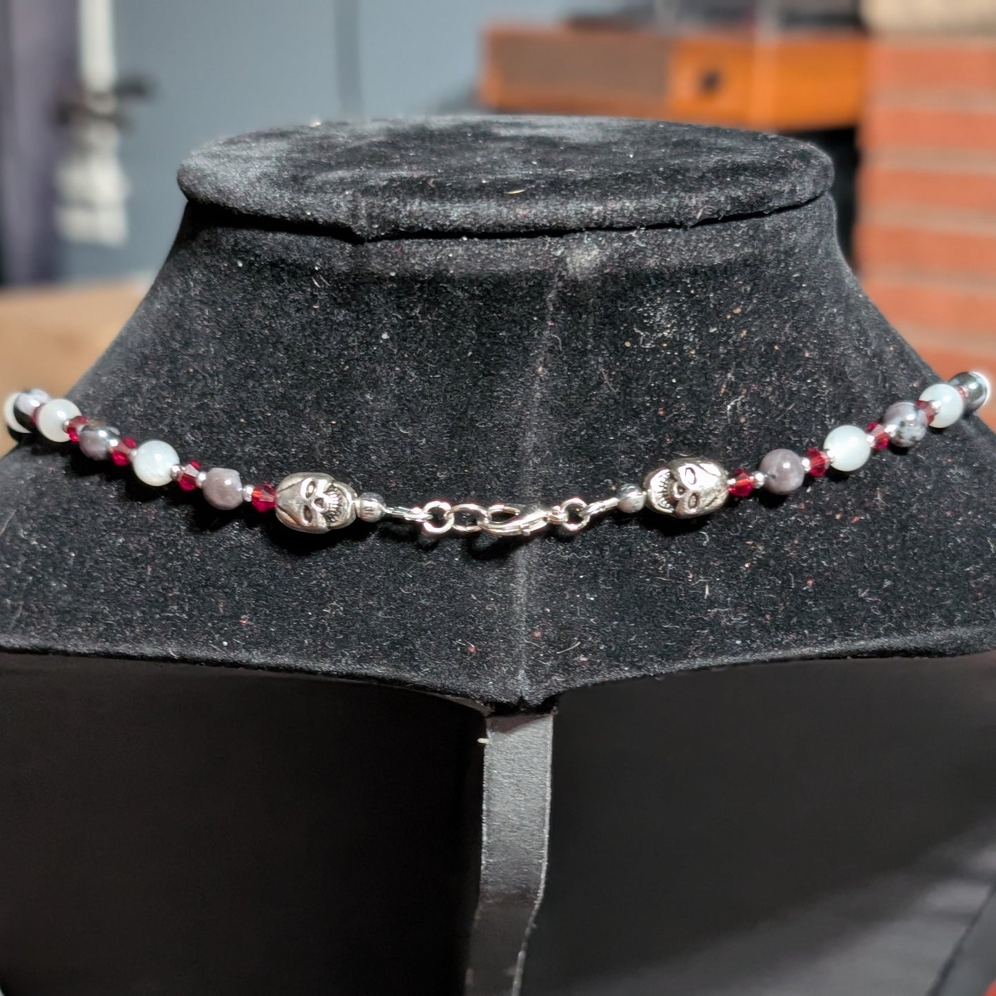 ✨Grave Waltz✨| Skeleton Necklace with Indigo Gabbro (Merlinite) and Silver Gray Moonstone