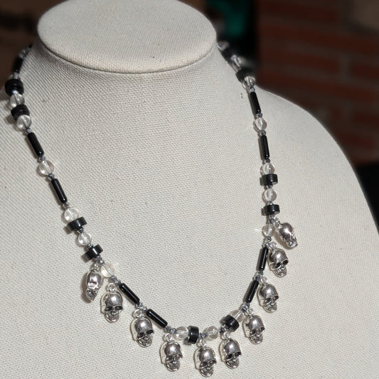 ✨Bonejangles✨| Black Obsidian and Clear Quartz Skull Fringe Necklace