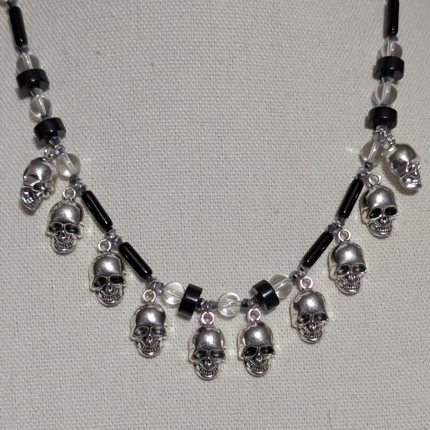 ✨Bonejangles✨| Black Obsidian and Clear Quartz Skull Fringe Necklace