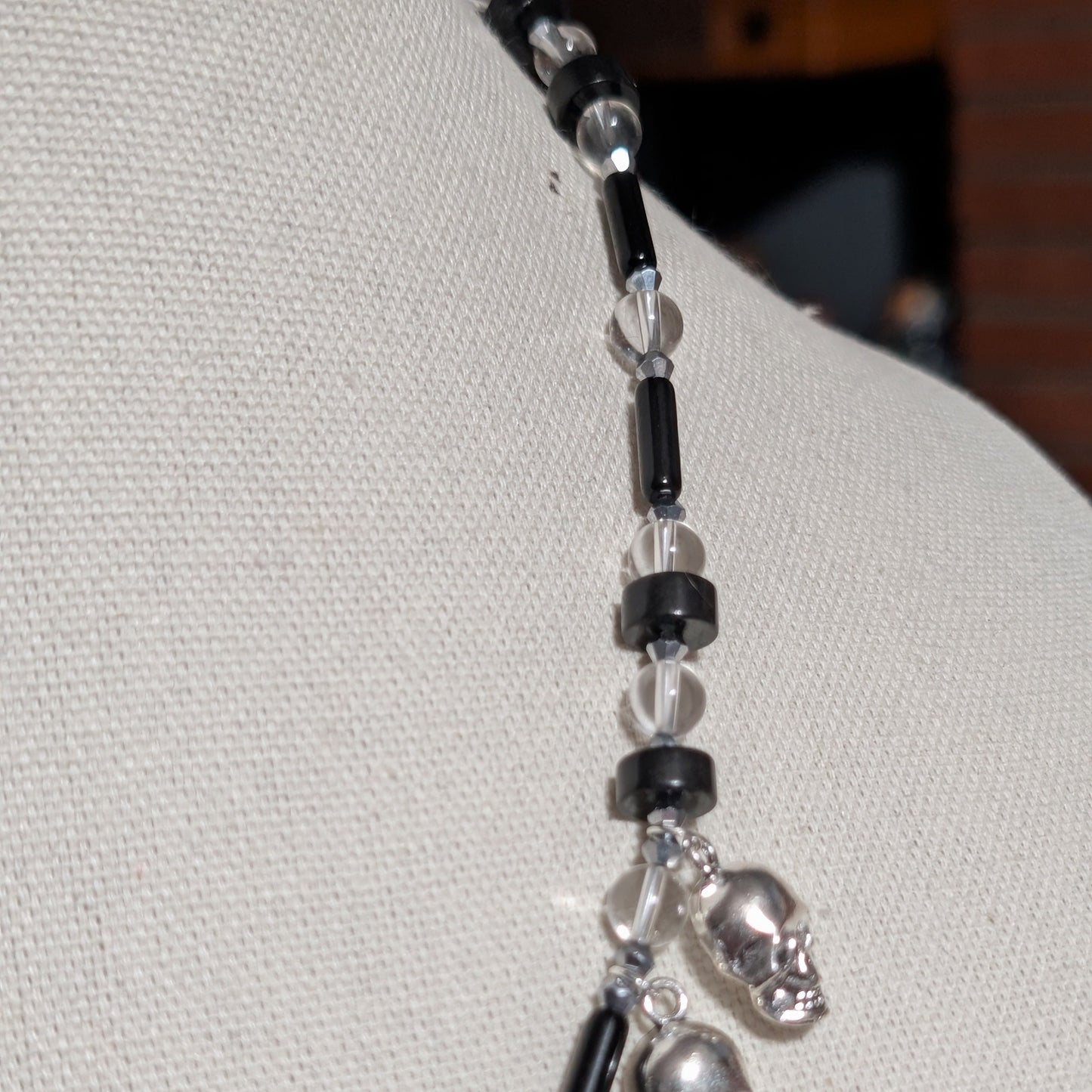 ✨Bonejangles✨| Black Obsidian and Clear Quartz Skull Fringe Necklace