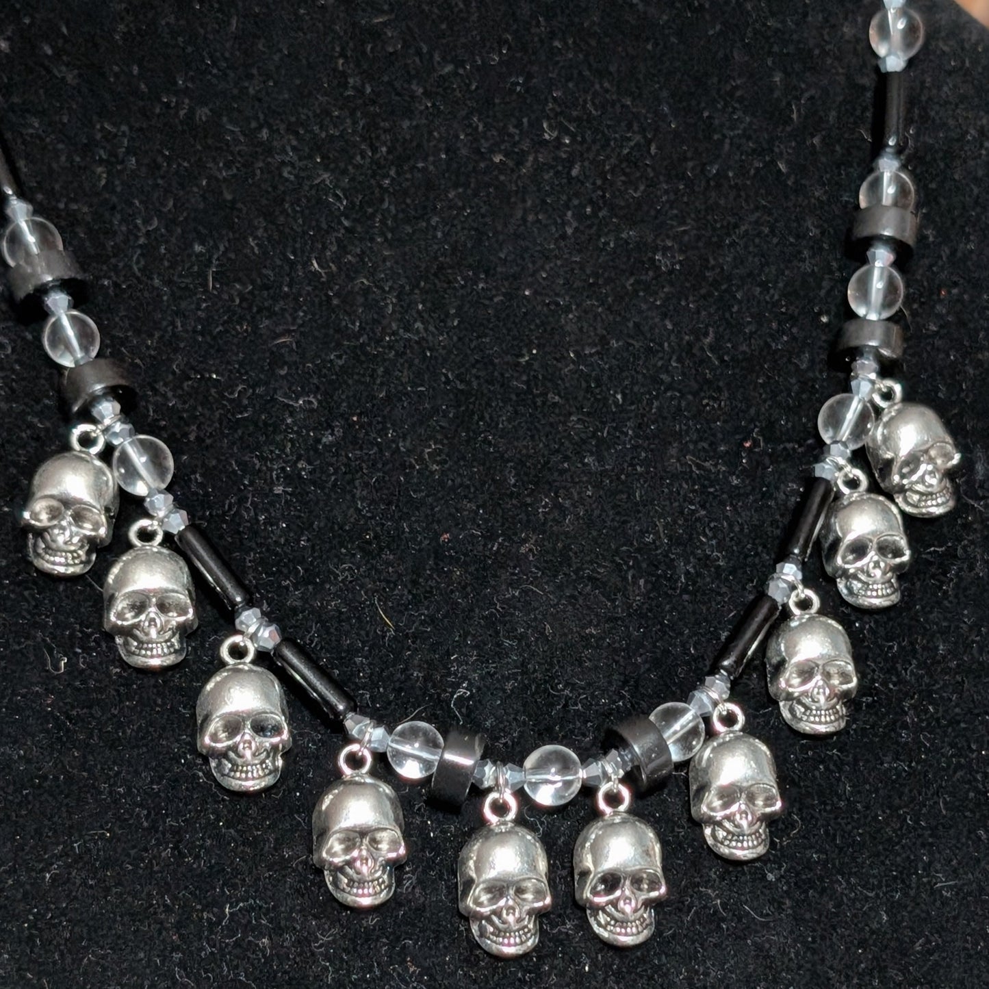 ✨Bonejangles✨| Black Obsidian and Clear Quartz Skull Fringe Necklace