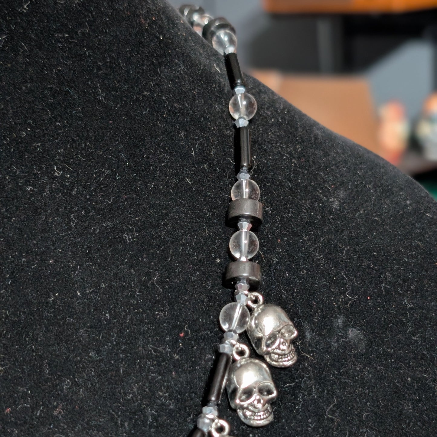 ✨Bonejangles✨| Black Obsidian and Clear Quartz Skull Fringe Necklace