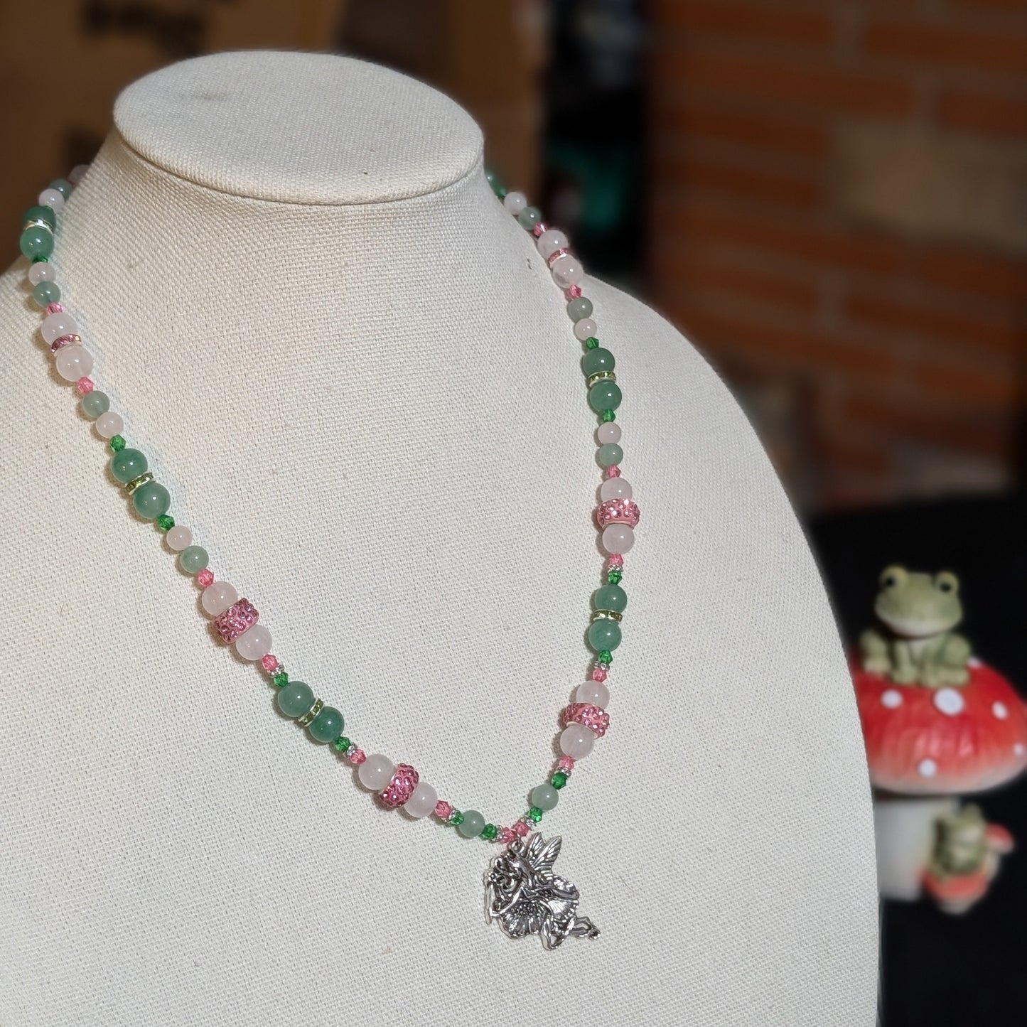 ✨Twinklepip✨| Rose Quartz, Green Aventurine, & Green Jade Fairy Necklace with Sparkling Pink Accents