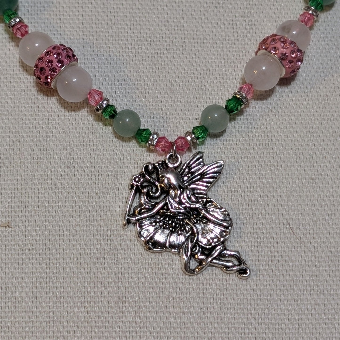 ✨Twinklepip✨| Rose Quartz, Green Aventurine, & Green Jade Fairy Necklace with Sparkling Pink Accents
