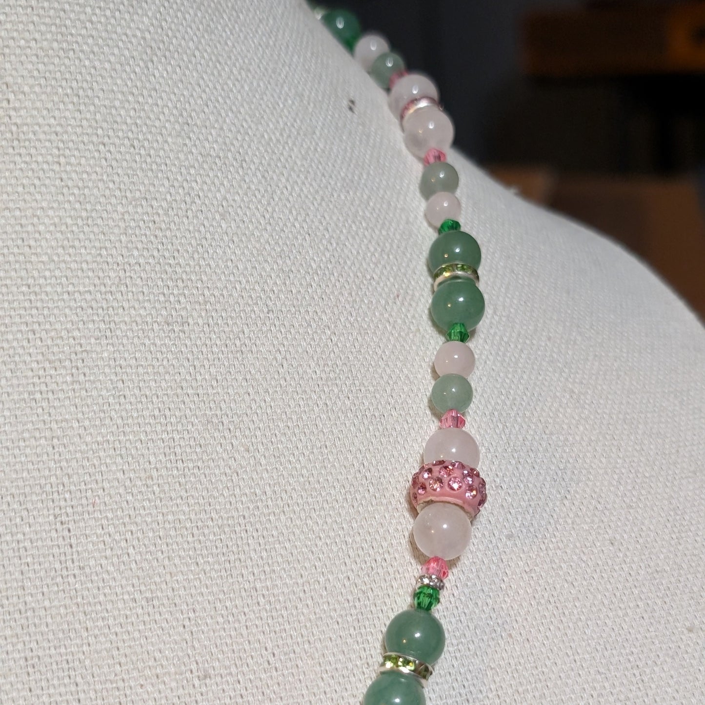 ✨Twinklepip✨| Rose Quartz, Green Aventurine, & Green Jade Fairy Necklace with Sparkling Pink Accents