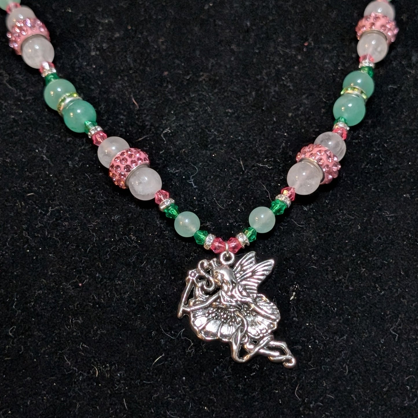 ✨Twinklepip✨| Rose Quartz, Green Aventurine, & Green Jade Fairy Necklace with Sparkling Pink Accents