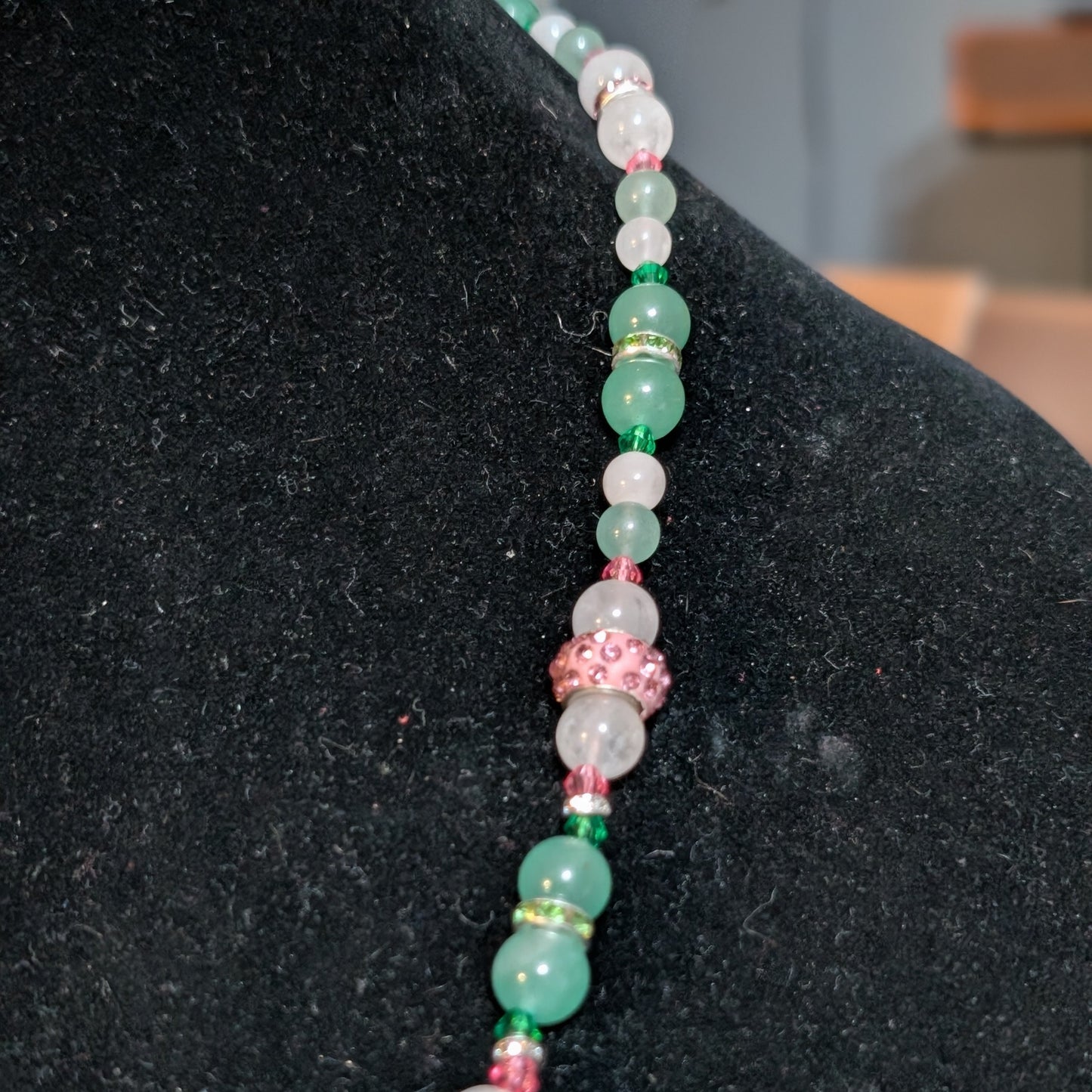 ✨Twinklepip✨| Rose Quartz, Green Aventurine, & Green Jade Fairy Necklace with Sparkling Pink Accents