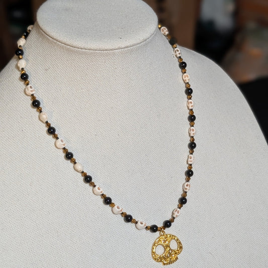 ✨Plundergeist✨| Onyx, Skull & Gold-Toned Filigree Pirate Necklace
