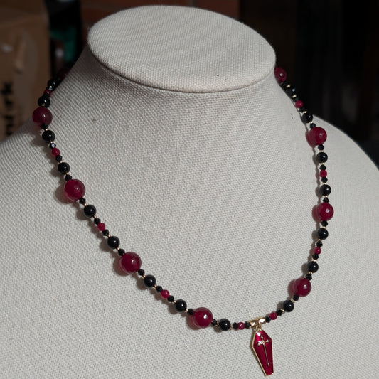 ✨Crimson Casket✨| Red Jade & Onyx Necklace with Coffin Pendant