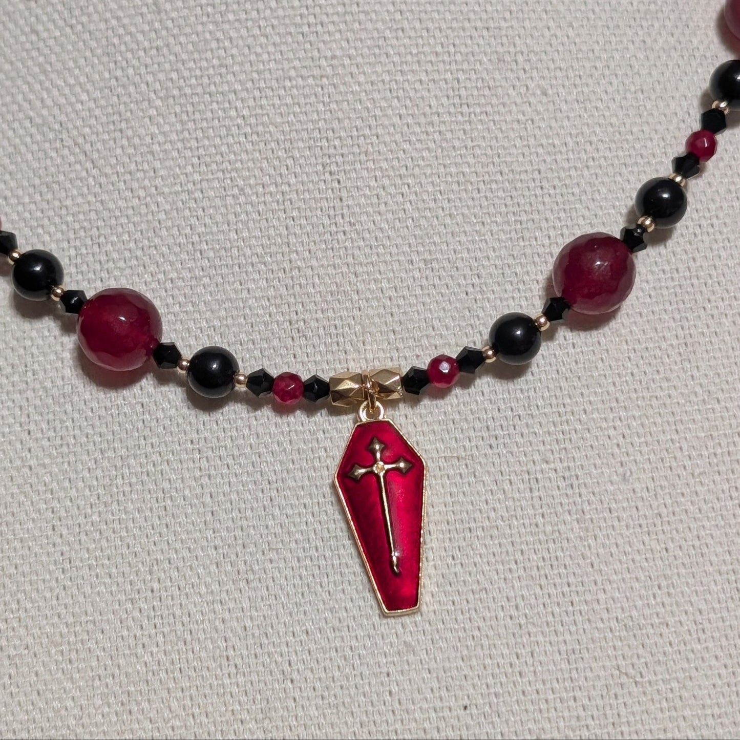 ✨Crimson Casket✨| Red Jade & Onyx Necklace with Coffin Pendant