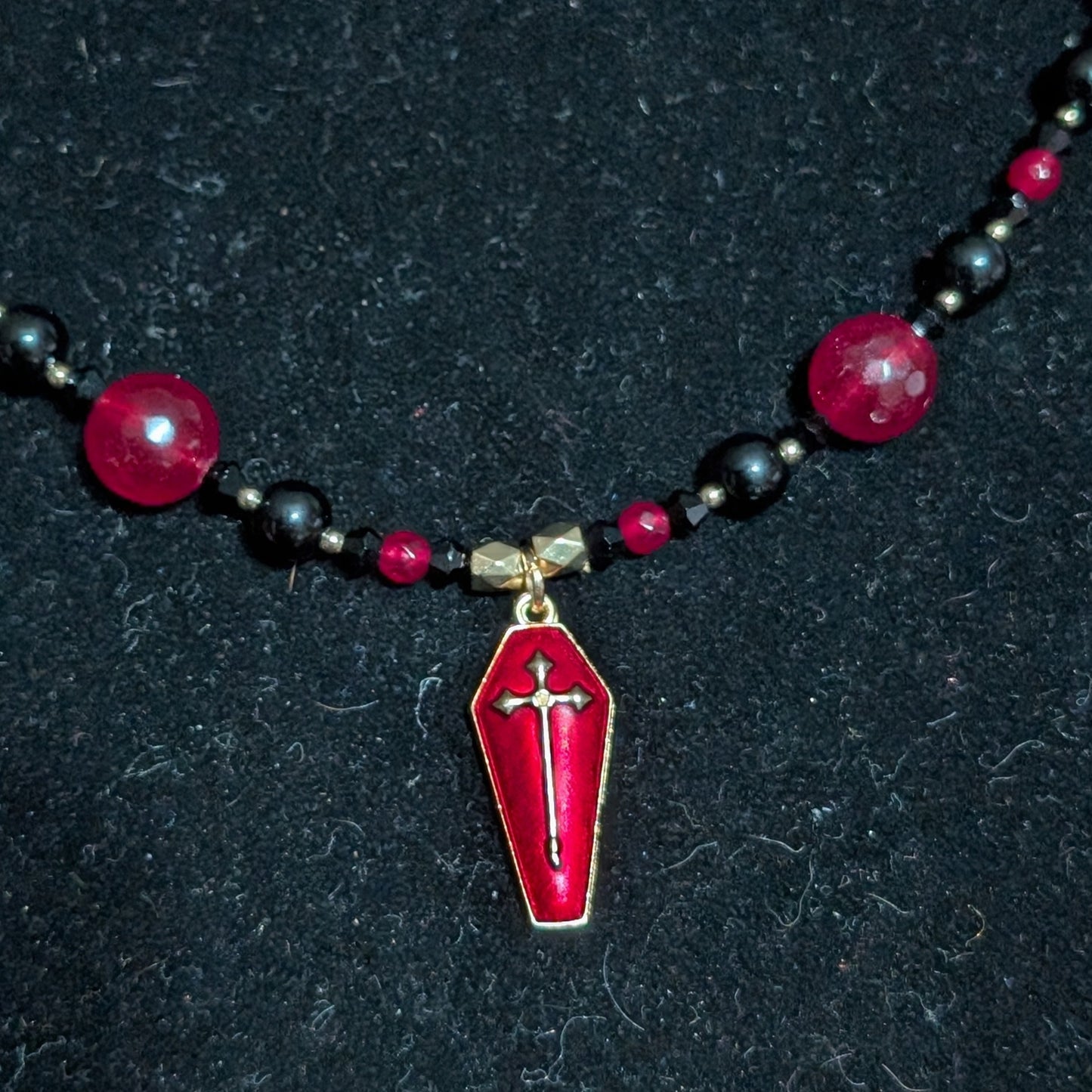 ✨Crimson Casket✨| Red Jade & Onyx Necklace with Coffin Pendant