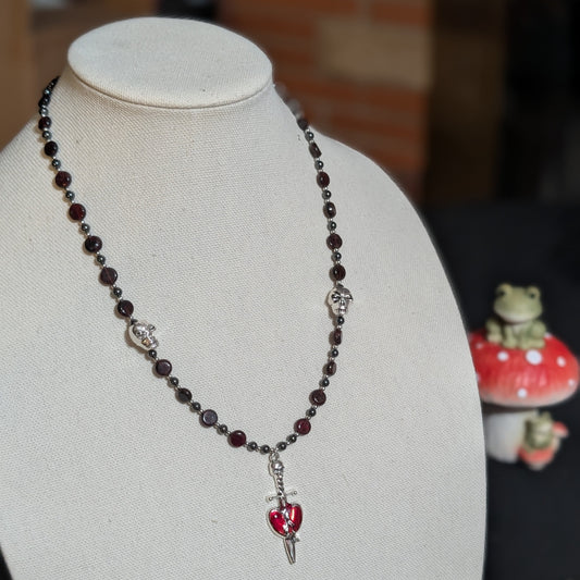 ✨Mercenary’s Oath✨| Garnet & Hematite Skull Necklace with Dagger-Heart Pendant