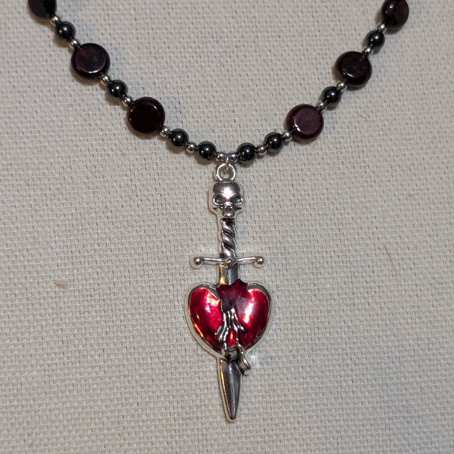✨Mercenary’s Oath✨| Garnet & Hematite Skull Necklace with Dagger-Heart Pendant