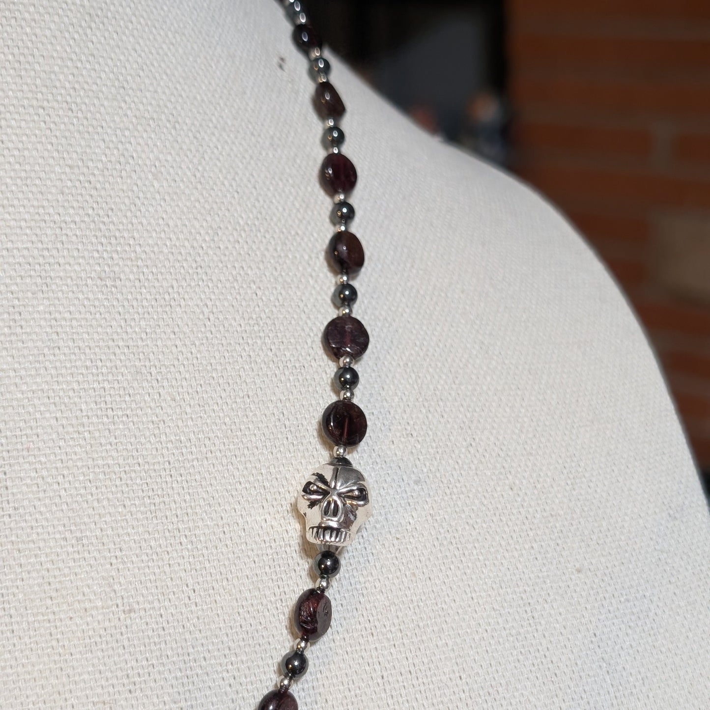 ✨Mercenary’s Oath✨| Garnet & Hematite Skull Necklace with Dagger-Heart Pendant
