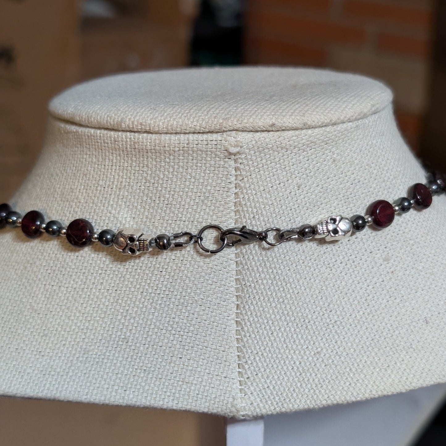 ✨Mercenary’s Oath✨| Garnet & Hematite Skull Necklace with Dagger-Heart Pendant