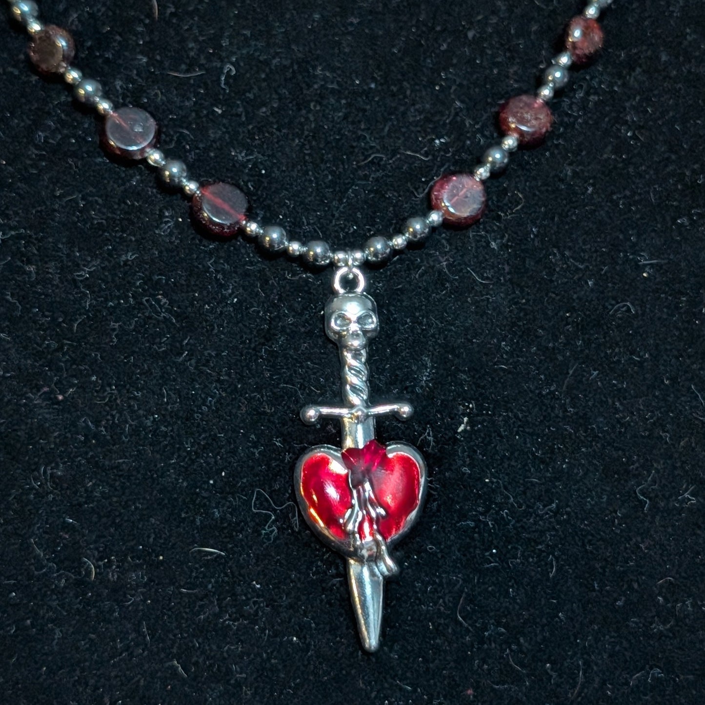 ✨Mercenary’s Oath✨| Garnet & Hematite Skull Necklace with Dagger-Heart Pendant