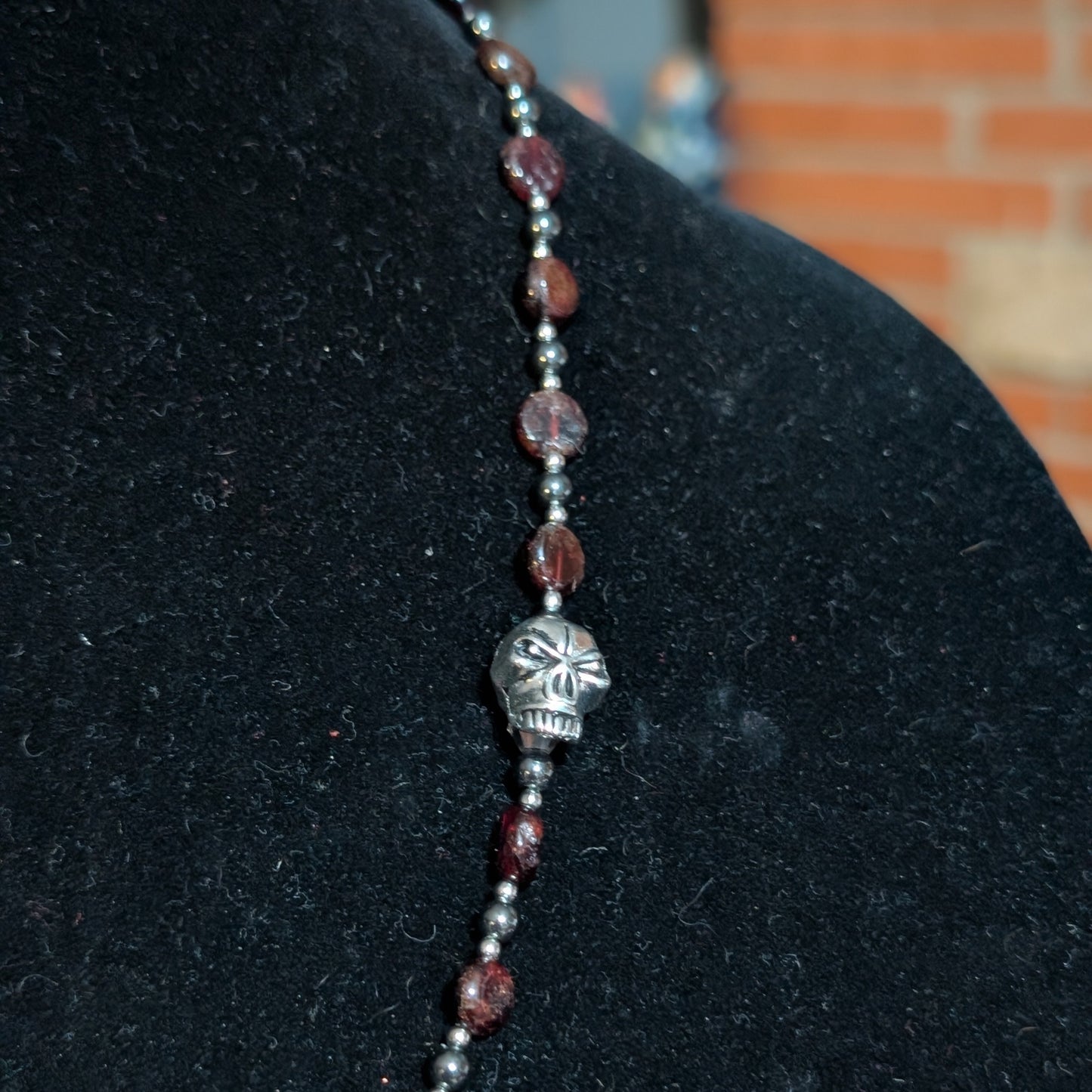 ✨Mercenary’s Oath✨| Garnet & Hematite Skull Necklace with Dagger-Heart Pendant