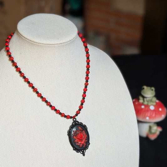 ✨Petalvenom✨| Red Turquoise & Onyx Necklace with Gothic Rose Cameo