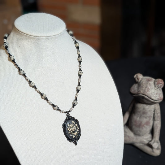 ✨Monochrose✨| Dalmatian Jasper & Black Tourmaline Necklace with Gothic Rose Cameo