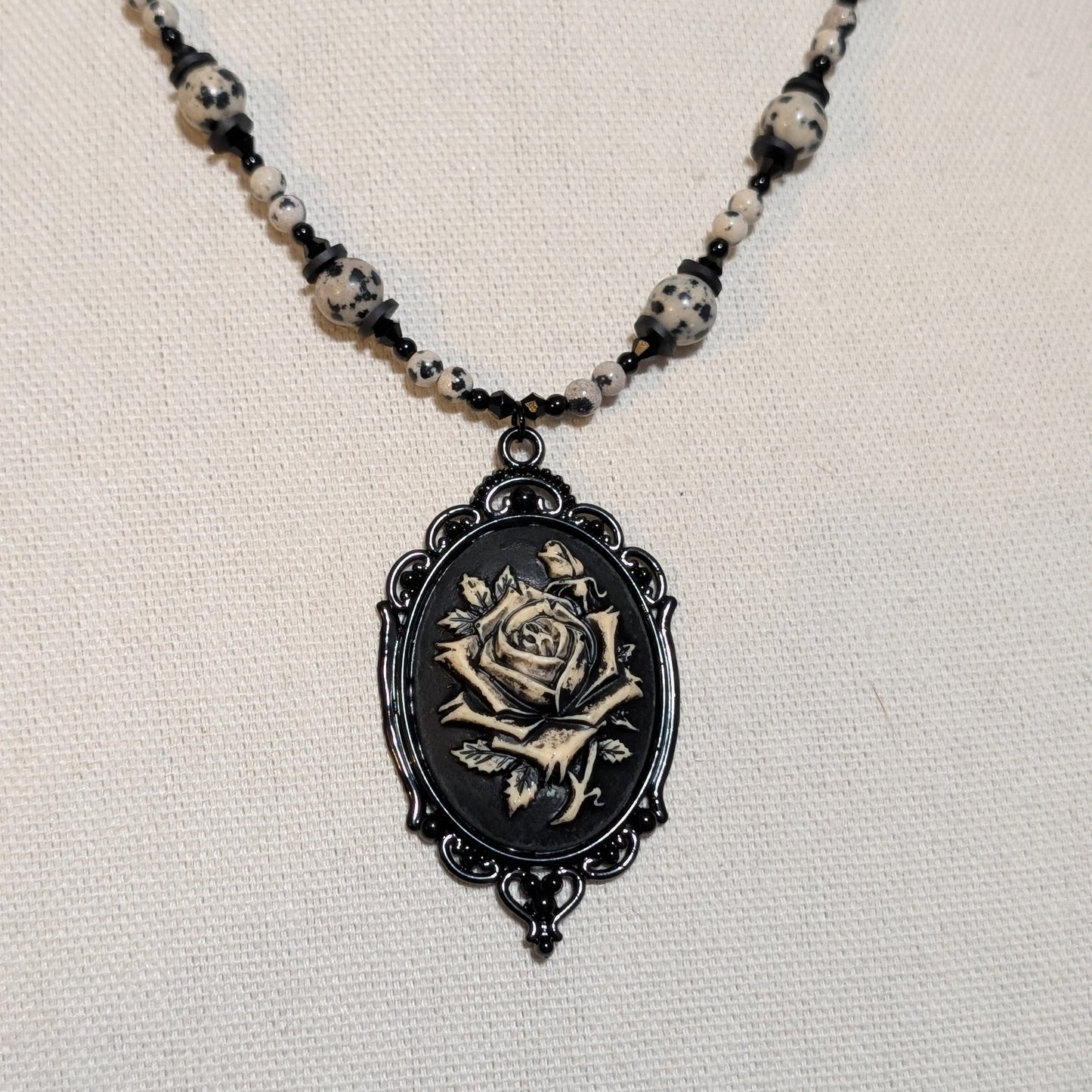✨Monochrose✨| Dalmatian Jasper & Black Tourmaline Necklace with Gothic Rose Cameo
