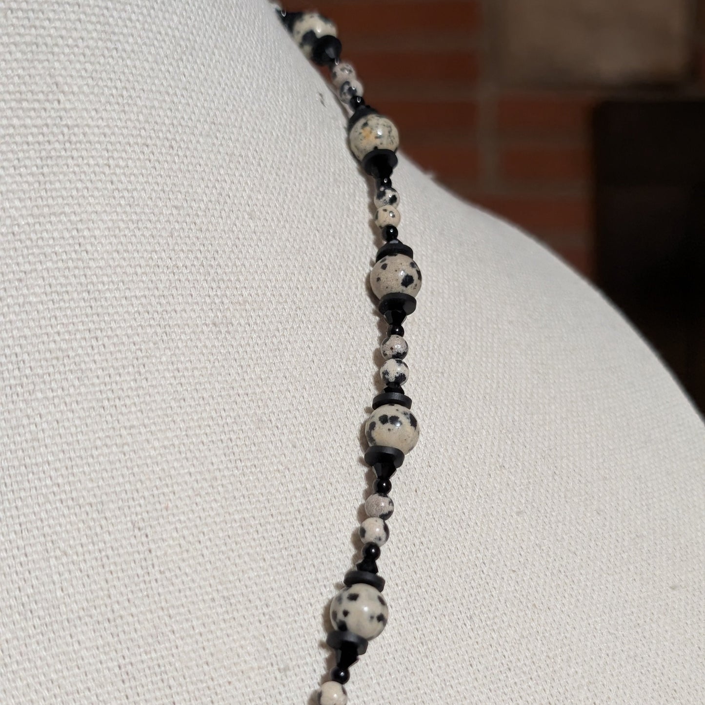 ✨Monochrose✨| Dalmatian Jasper & Black Tourmaline Necklace with Gothic Rose Cameo