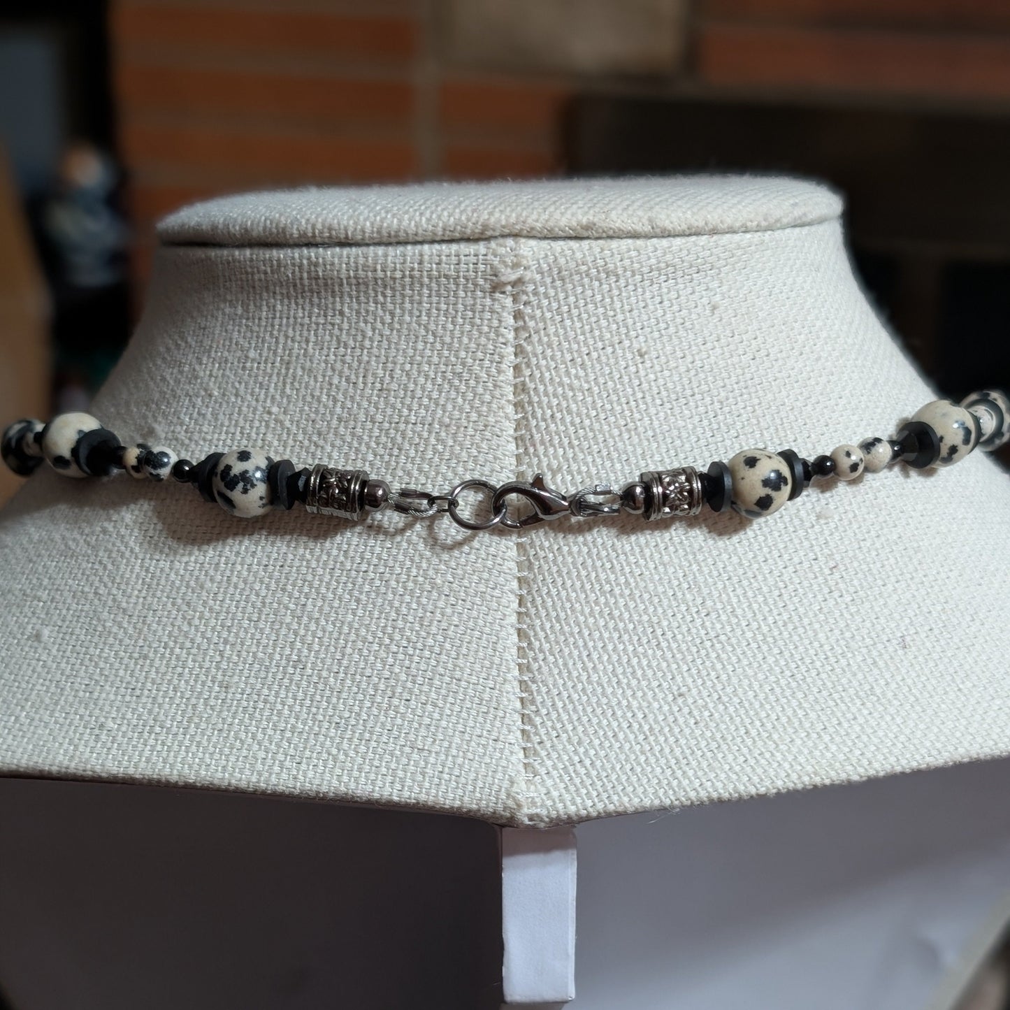 ✨Monochrose✨| Dalmatian Jasper & Black Tourmaline Necklace with Gothic Rose Cameo