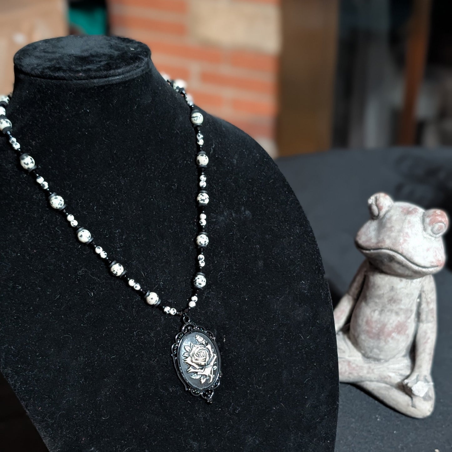 ✨Monochrose✨| Dalmatian Jasper & Black Tourmaline Necklace with Gothic Rose Cameo