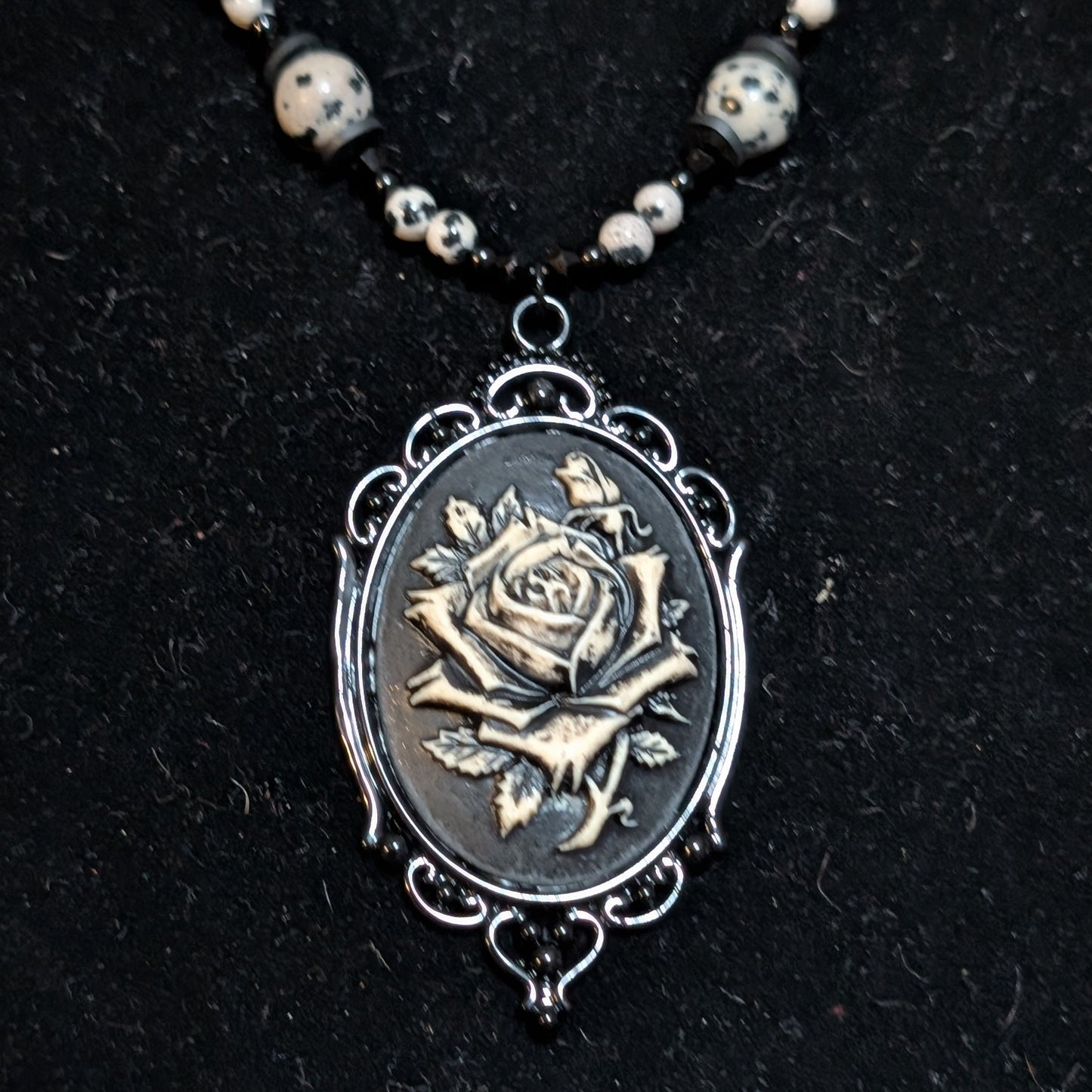 ✨Monochrose✨| Dalmatian Jasper & Black Tourmaline Necklace with Gothic Rose Cameo