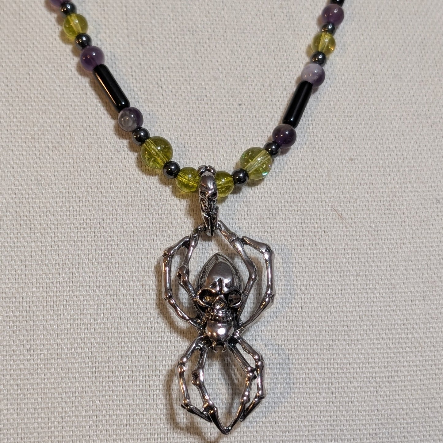 ✨Arachnecro✨| Obsidian, Amethyst & Hematite Necklace with Skeletal Spider Pendant