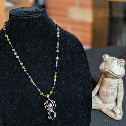 ✨Arachnecro✨| Obsidian, Amethyst & Hematite Necklace with Skeletal Spider Pendant